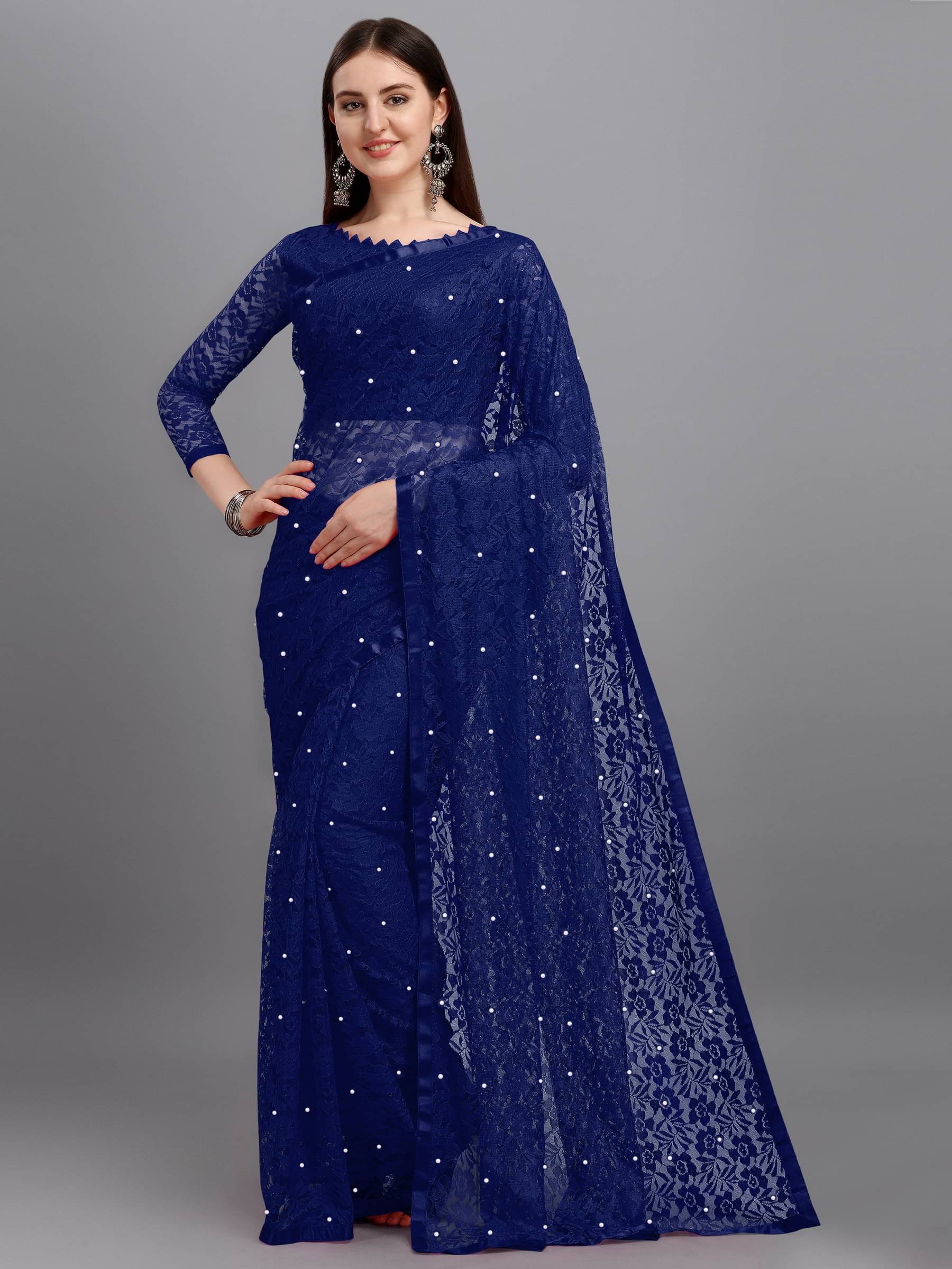 VANRAJ CREATION Net Self Design Saree With Unstitched Blouse Piece ( Navy Blue ) VANRAJ CREATION Net Self Design Saree With Unstitched Blouse Piece ( Navy Blue )