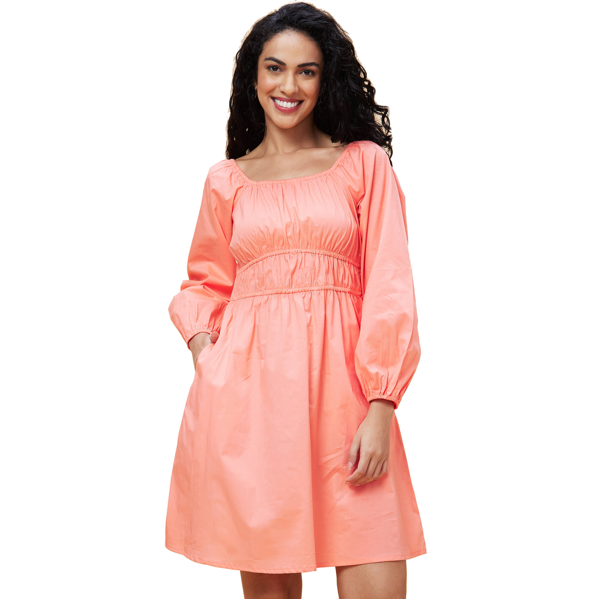     			Globus Cotton Solid Above Knee Women's Fit & Flare Dress - Peach ( Pack of 1 )
