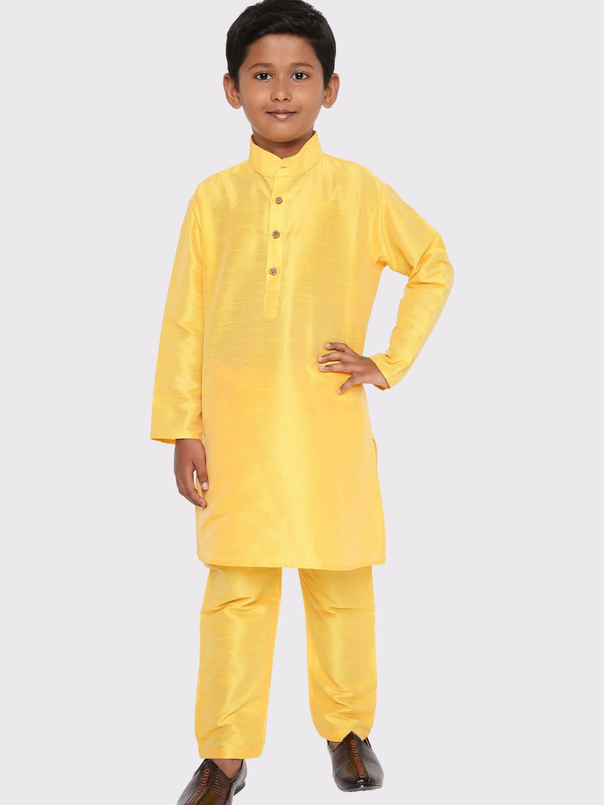Maharaja Boys Silk Solid - Pattern Kurta Pant Set ( Yellow , Pack of 1 ) - Kurtas & Kurta Sets | Buy online on ZillyBuy