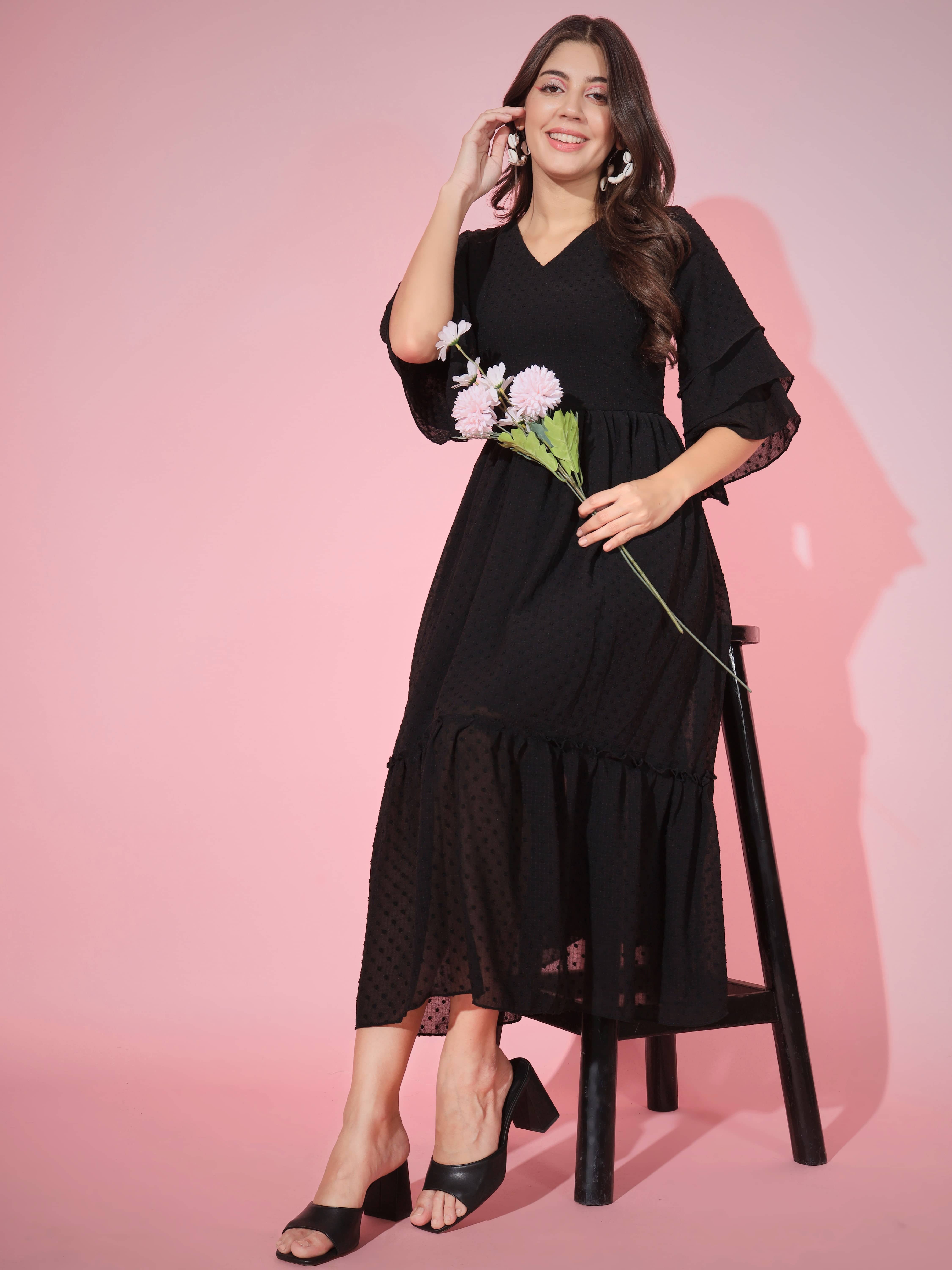 Vbuyz Georgette Embellished Midi Women's Fit & Flare Dress - Black ( Pack of 1 )