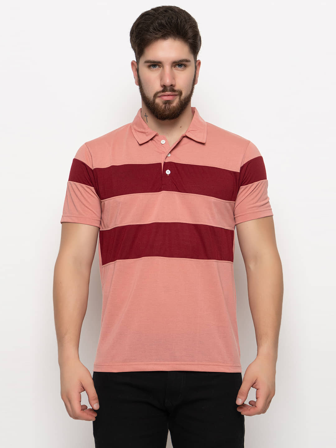 ZEBULUN Pack of 1 Cotton Blend Regular Fit Colorblock Half Sleeves Men's Polo T Shirt ( Pink )