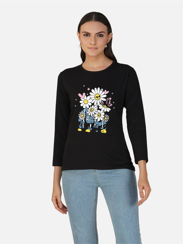 CHOZI Women Cotton Printed Regular Fit Round Neck T-Shirt ( Black )