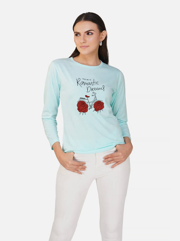 CHOZI Women Cotton Printed Regular Fit Round Neck T-Shirt ( Blue )