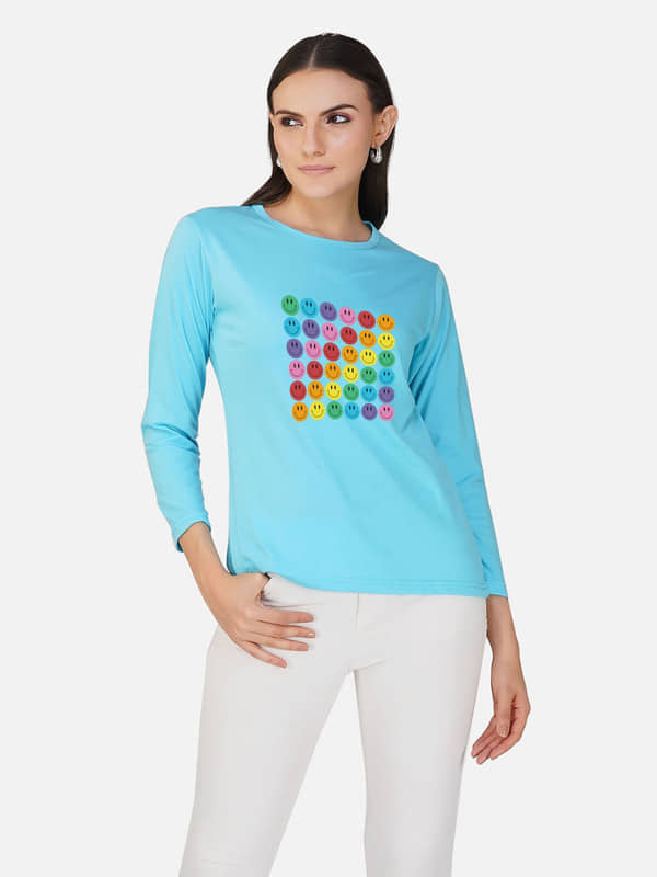 CHOZI Women Cotton Printed Regular Fit Round Neck T-Shirt ( Blue )