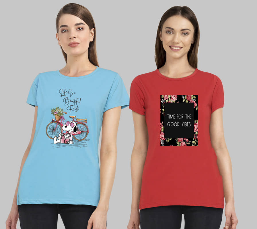 CHOZI Women Cotton Printed Regular Fit Round Neck T-Shirt ( Multi Color )