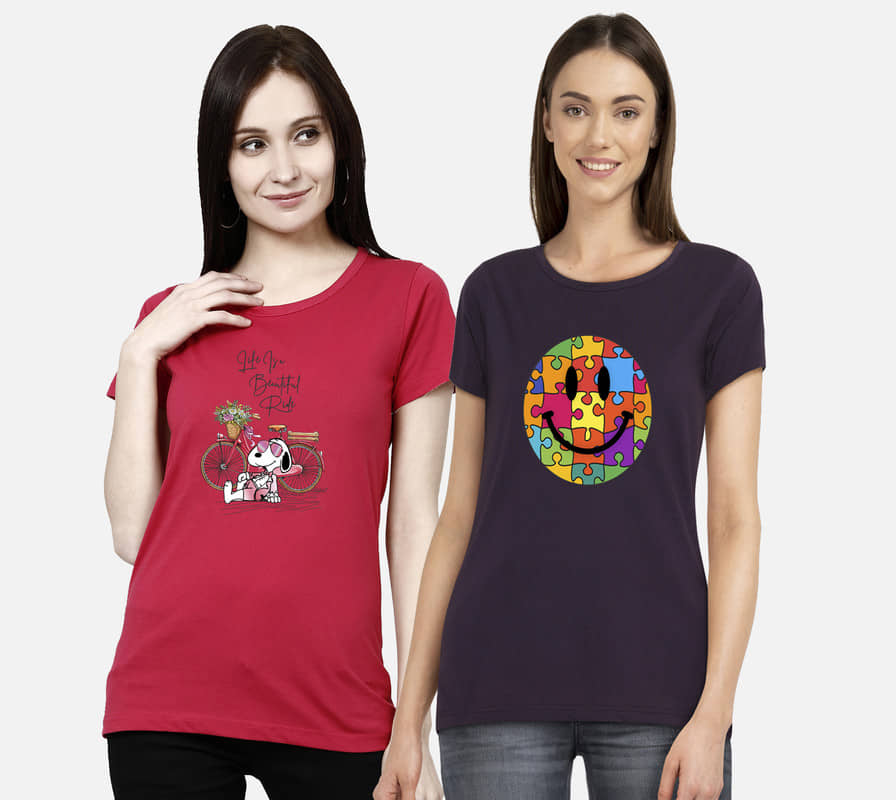 CHOZI Women Cotton Printed Regular Fit Round Neck T-Shirt ( Multi Color )
