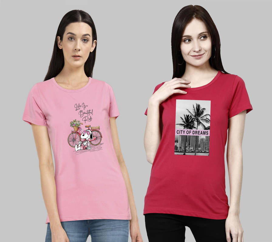 CHOZI Women Cotton Printed Regular Fit Round Neck T-Shirt ( Pink )     			CHOZI Women Cotton Printed Regular Fit Round Neck T-Shirt ( Pink )