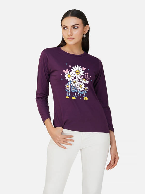 CHOZI Women Cotton Printed Regular Fit Round Neck T-Shirt ( Purple )     			CHOZI Women Cotton Printed Regular Fit Round Neck T-Shirt ( Purple )