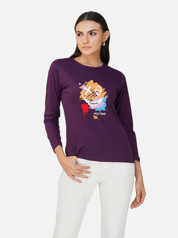CHOZI Women Cotton Printed Regular Fit Round Neck T-Shirt ( Purple )