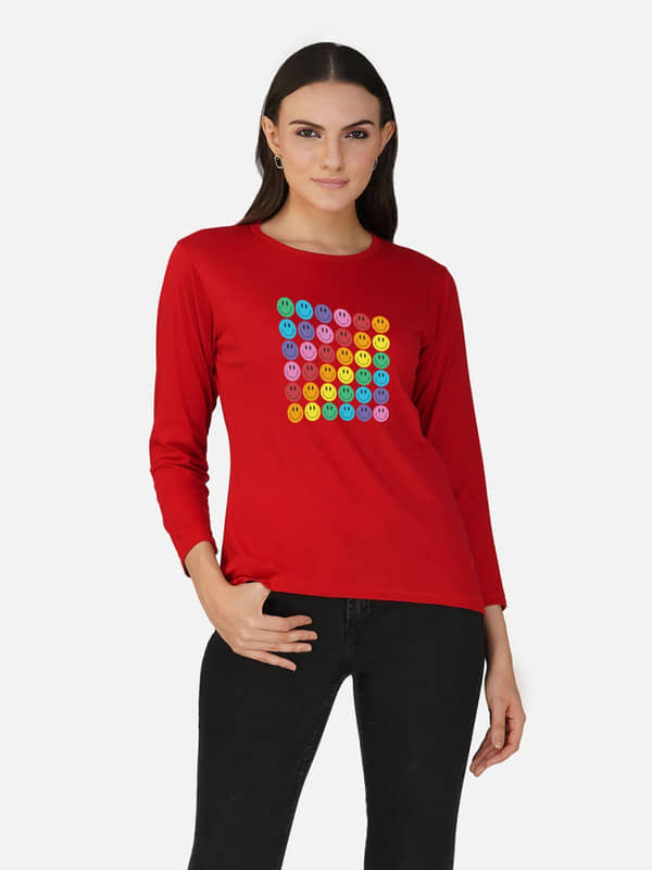 CHOZI Women Cotton Printed Regular Fit Round Neck T-Shirt ( Red )