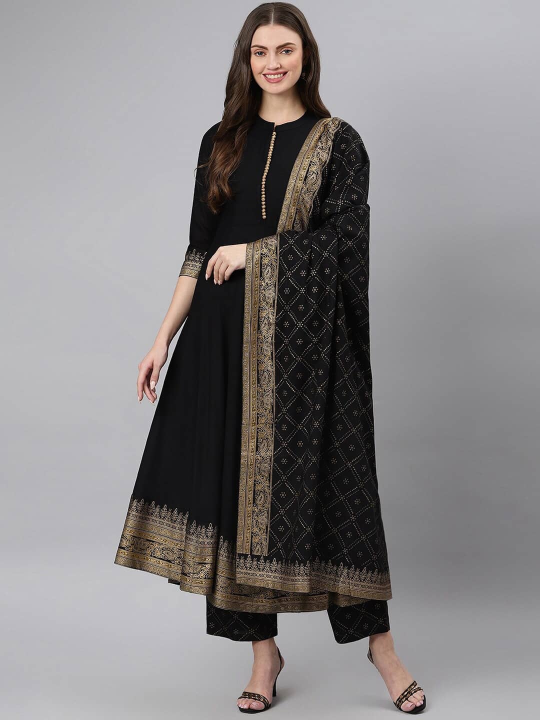 Estela Rayon Printed Kurti With Palazzo Women's Stitched Salwar Suit - Black ( Pack of 1 )