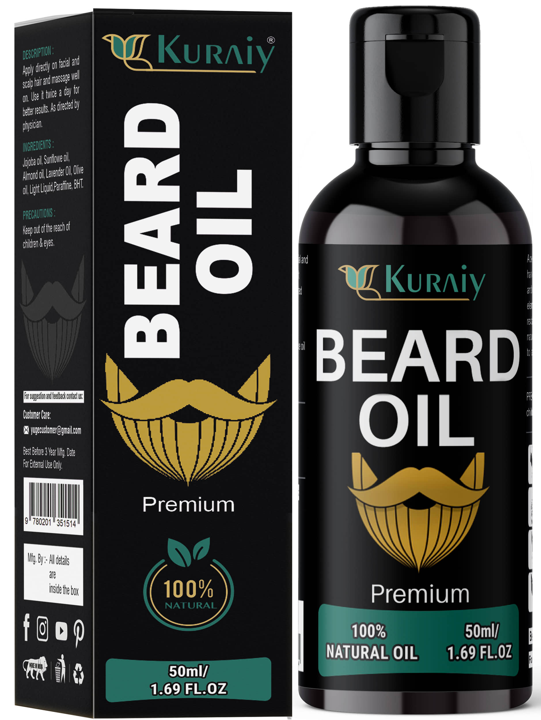 KURAIY Beard Growth Oil for Men For Better Beard Growth With Thicker Beard (50 ml) - Beard Care and Tools | Buy online on ZillyBuy