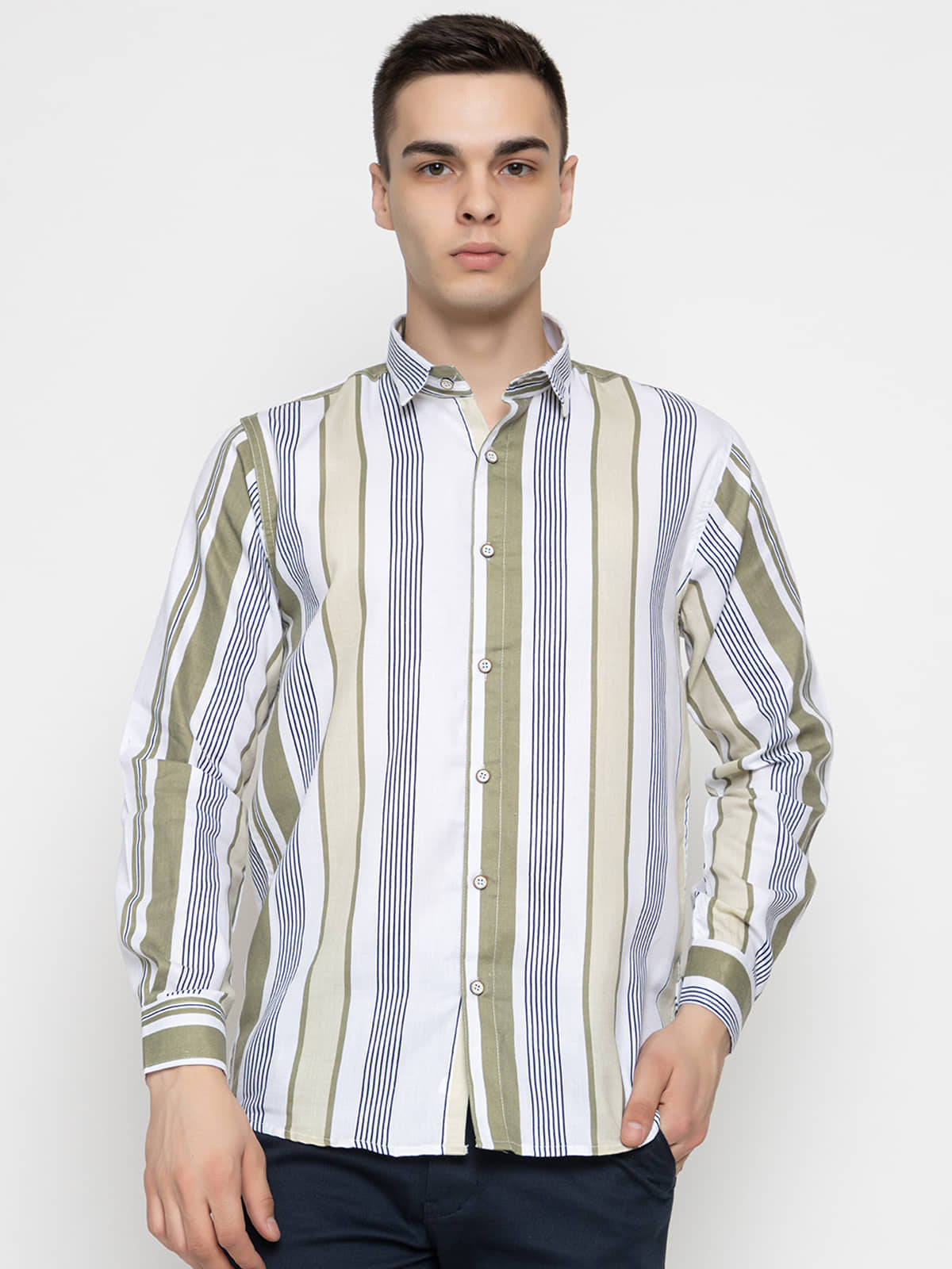 MODERNITY Cotton Blend Regular Fit Striped Full Sleeves Men's Casual Shirt - Green ( Pack of 1 )