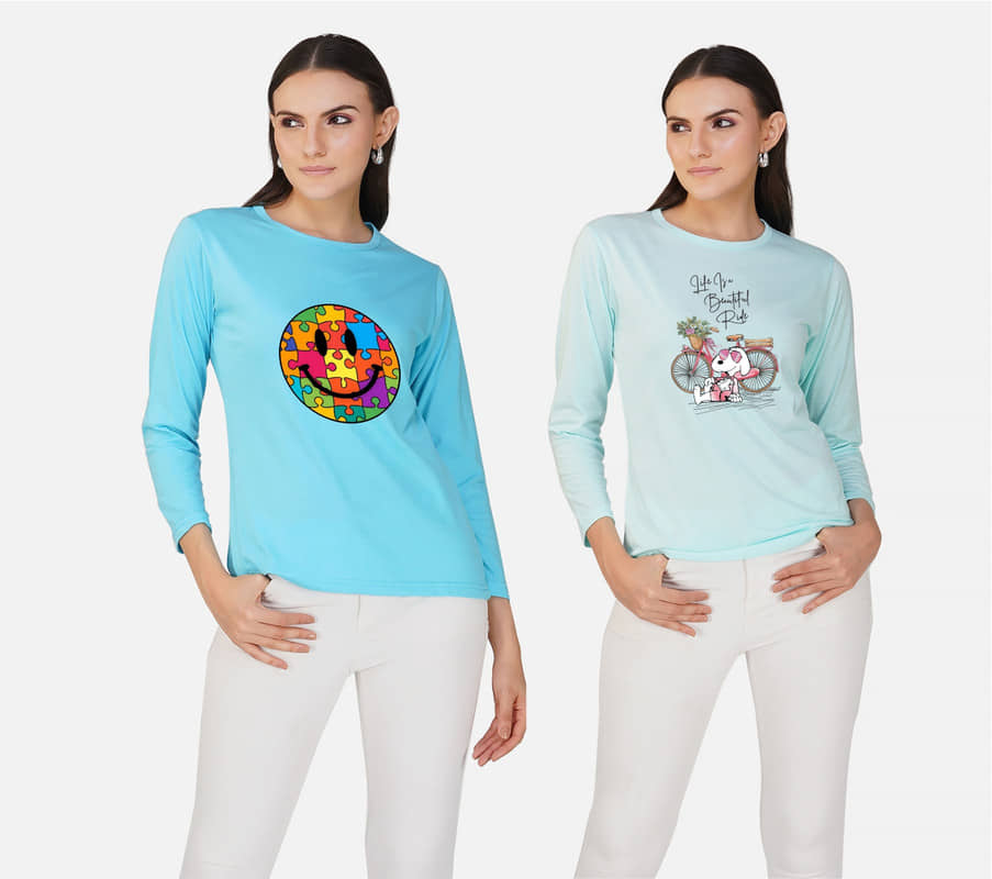 CHOZI Women Cotton Blend Printed Regular Fit Round Neck T-Shirt ( Blue )
