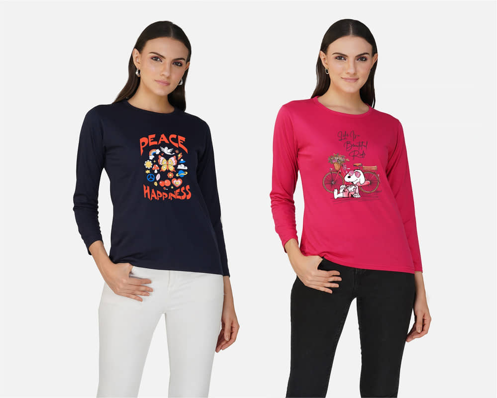 CHOZI Women Cotton Blend Printed Regular Fit Round Neck T-Shirt ( Multi Color )