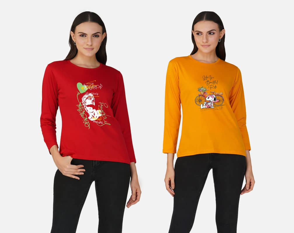 CHOZI Women Cotton Blend Printed Regular Fit Round Neck T-Shirt ( Multi Color )