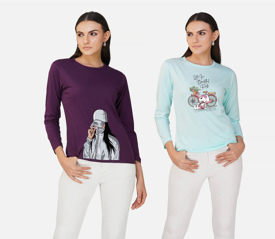 CHOZI Women Cotton Blend Printed Regular Fit Round Neck T-Shirt ( Multi Color )