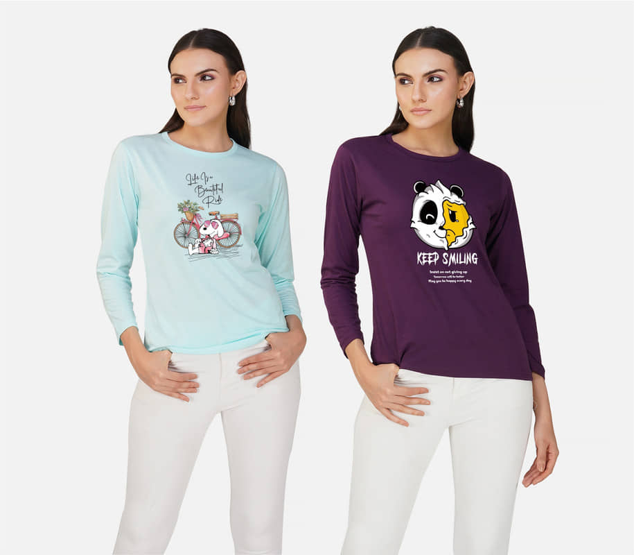 CHOZI Women Cotton Blend Printed Regular Fit Round Neck T-Shirt ( Multi Color )