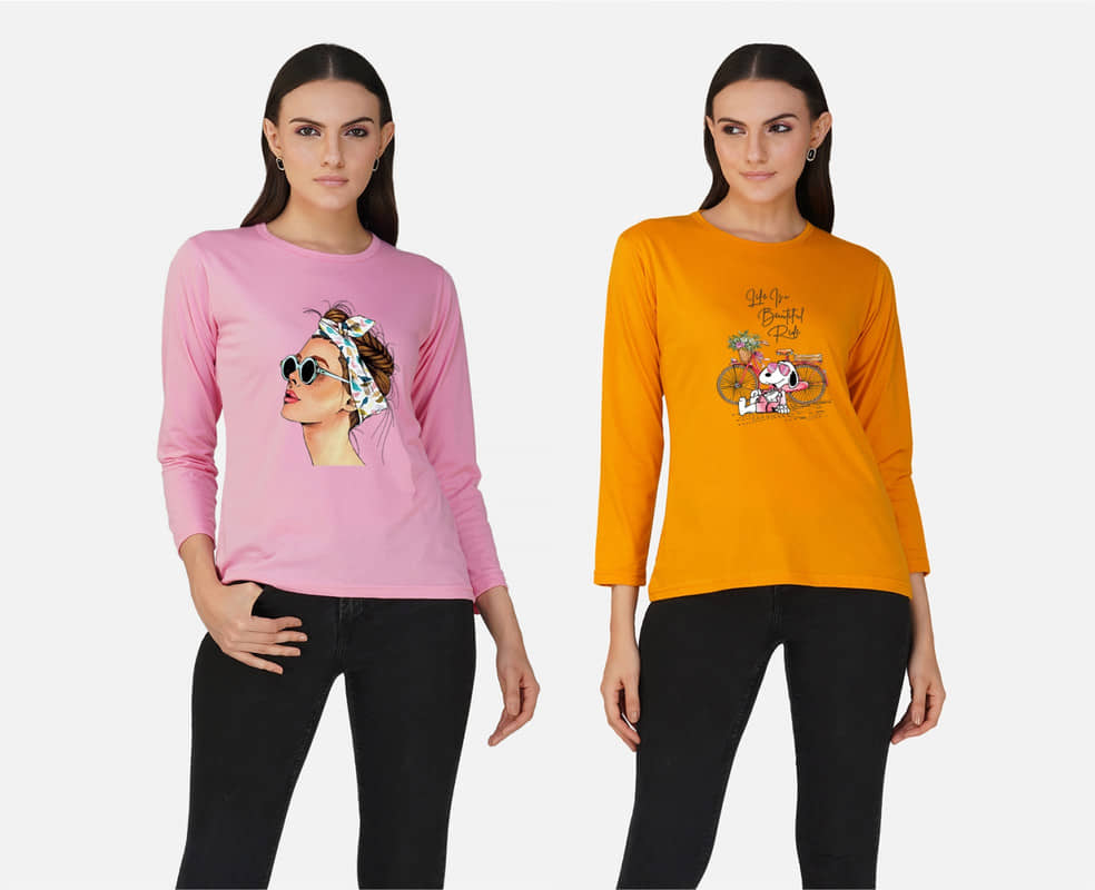 CHOZI Women Cotton Blend Printed Regular Fit Round Neck T-Shirt ( Multi Color )
