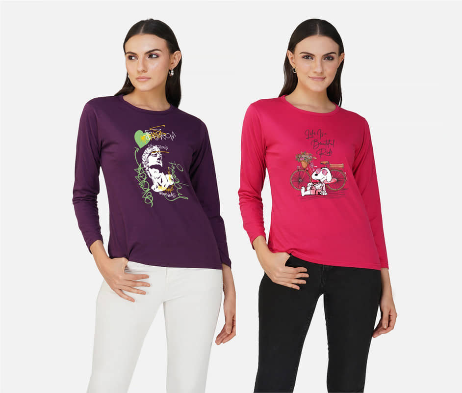 CHOZI Women Cotton Blend Printed Regular Fit Round Neck T-Shirt ( Multi Color )