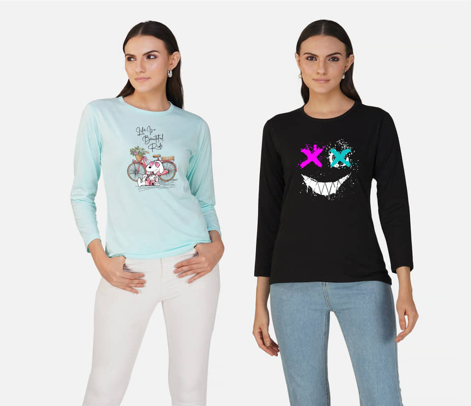 CHOZI Women Cotton Blend Printed Regular Fit Round Neck T-Shirt ( Multi Color )