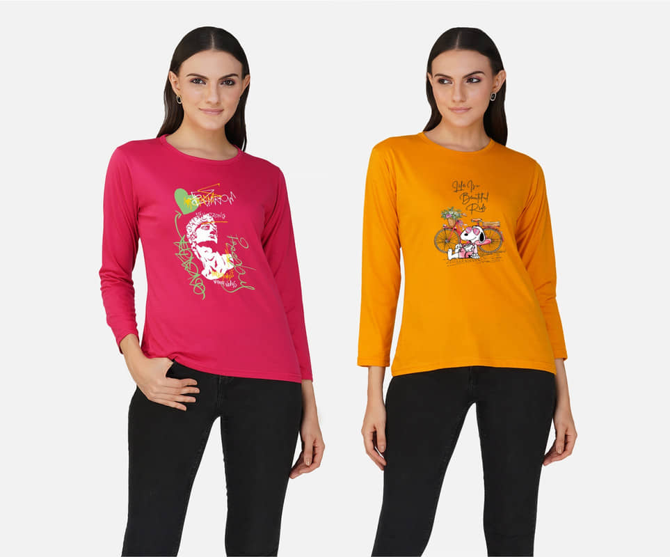 CHOZI Women Cotton Blend Printed Regular Fit Round Neck T-Shirt ( Multi Color )