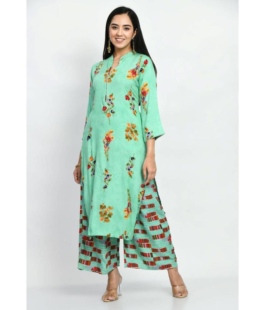 MAURYA Cotton Printed Kurti With Palazzo Women's Stitched Salwar Suit - Green ( Pack of 1 ) MAURYA Cotton Printed Kurti With Palazzo Women's Stitched Salwar Suit - Green ( Pack of 1 )