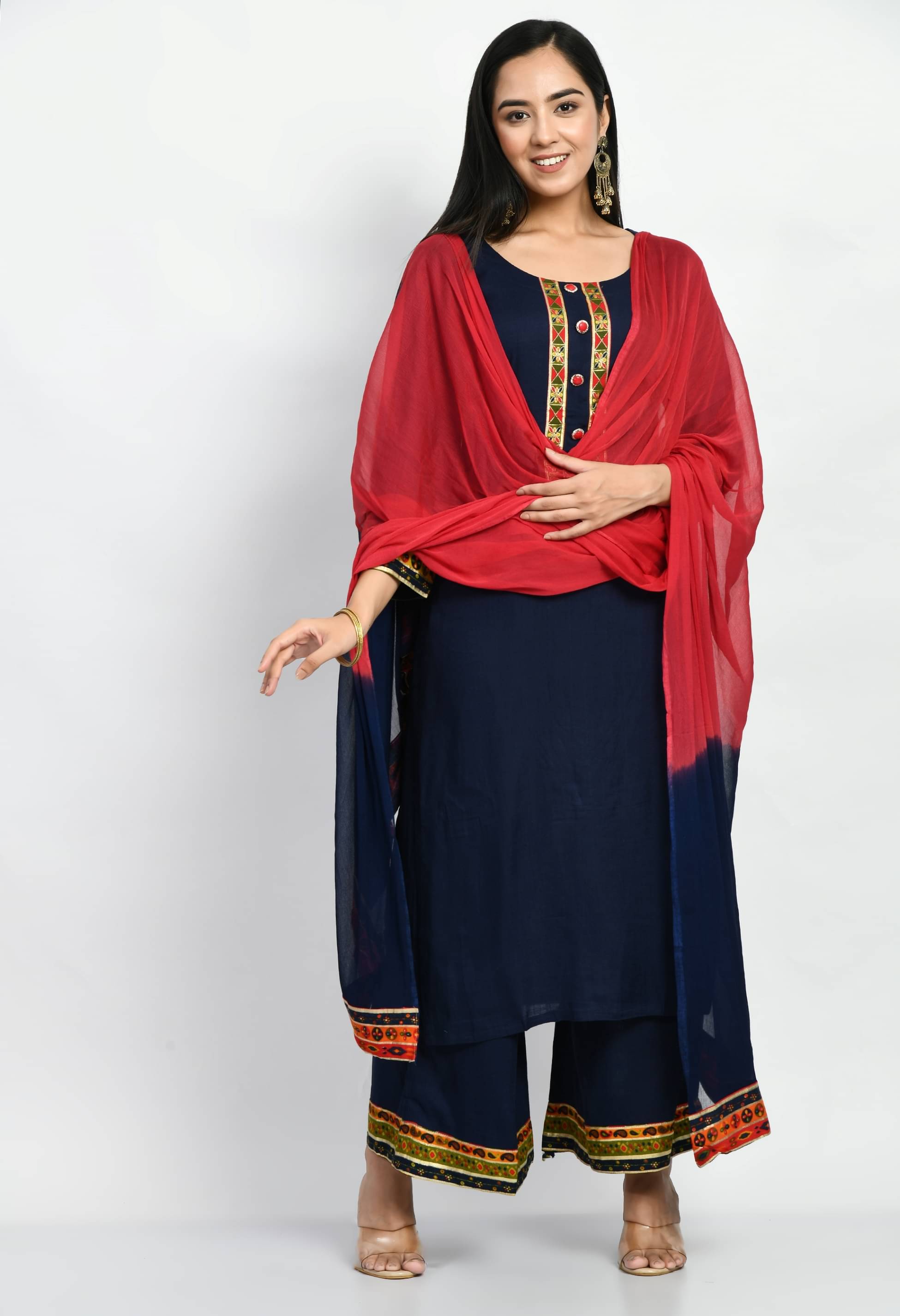     			MAURYA Cotton Solid Kurti With Palazzo Women's Stitched Salwar Suit - Navy Blue ( Pack of 1 )