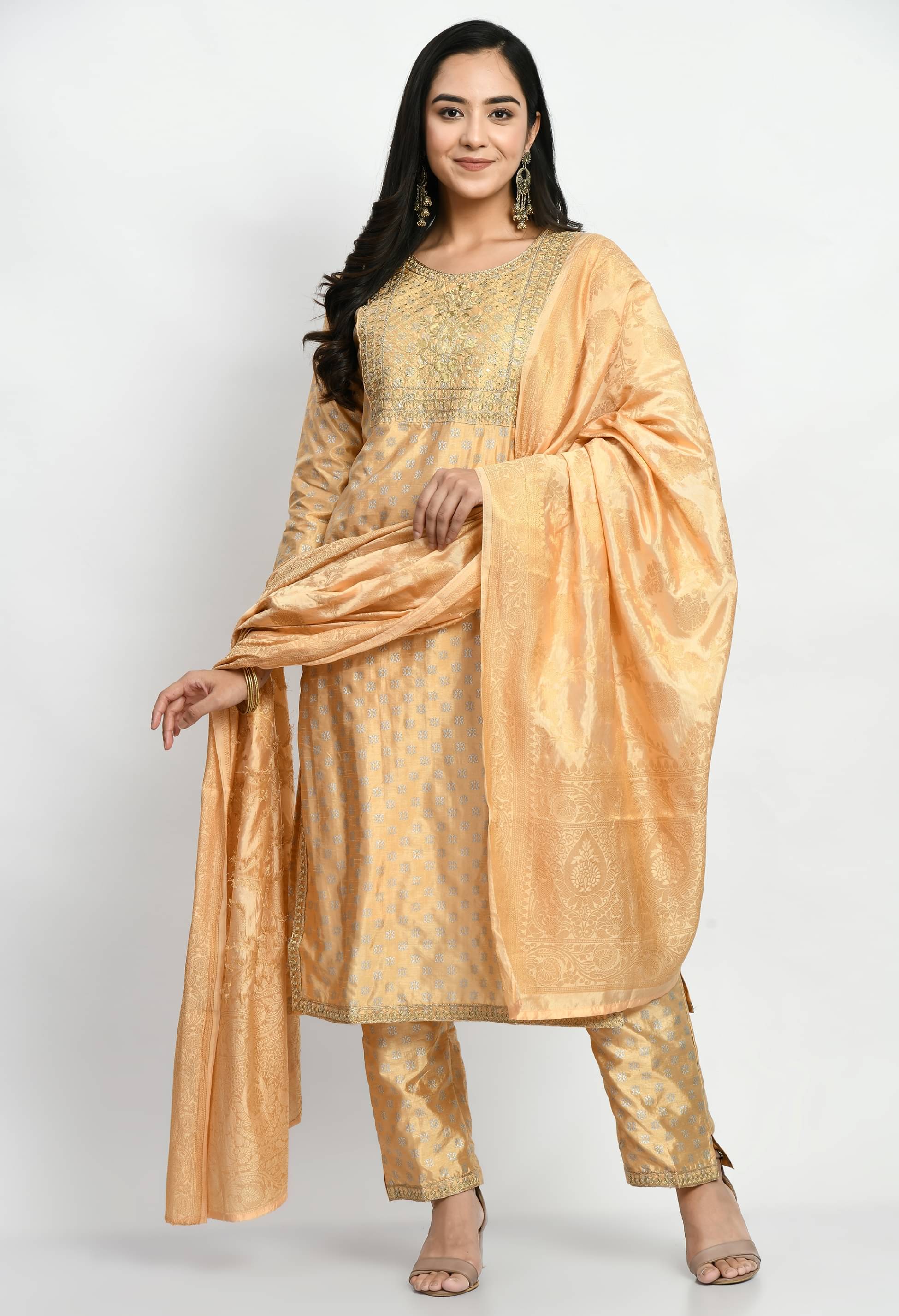 MAURYA Rayon Embroidered Kurti With Pants Women's Stitched Salwar Suit - Gold ( Pack of 1 ) MAURYA Rayon Embroidered Kurti With Pants Women's Stitched Salwar Suit - Gold ( Pack of 1 )