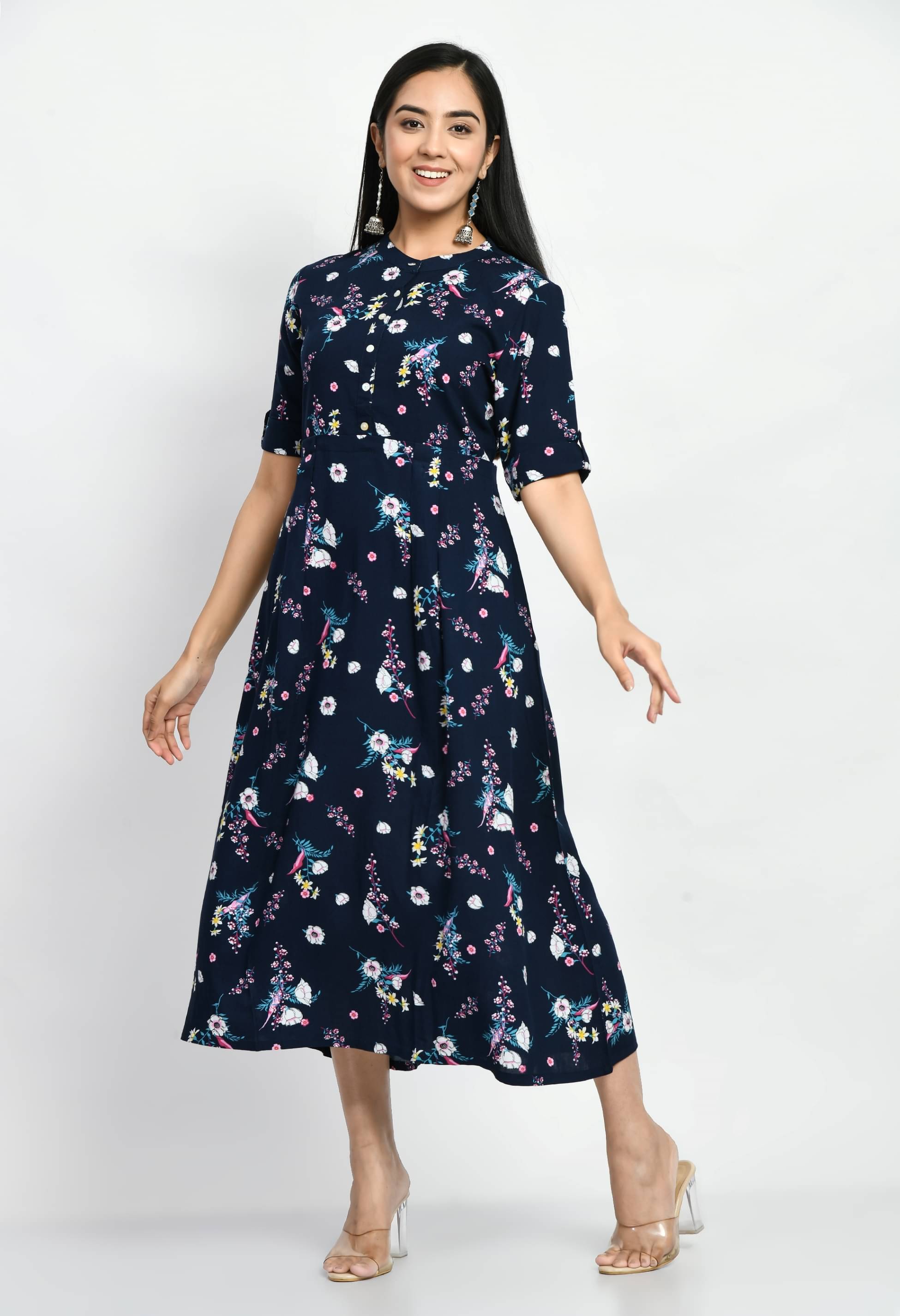 MAURYA Women Rayon Printed A-line Dress ( Navy Blue ) MAURYA Women Rayon Printed A-line Dress ( Navy Blue )
