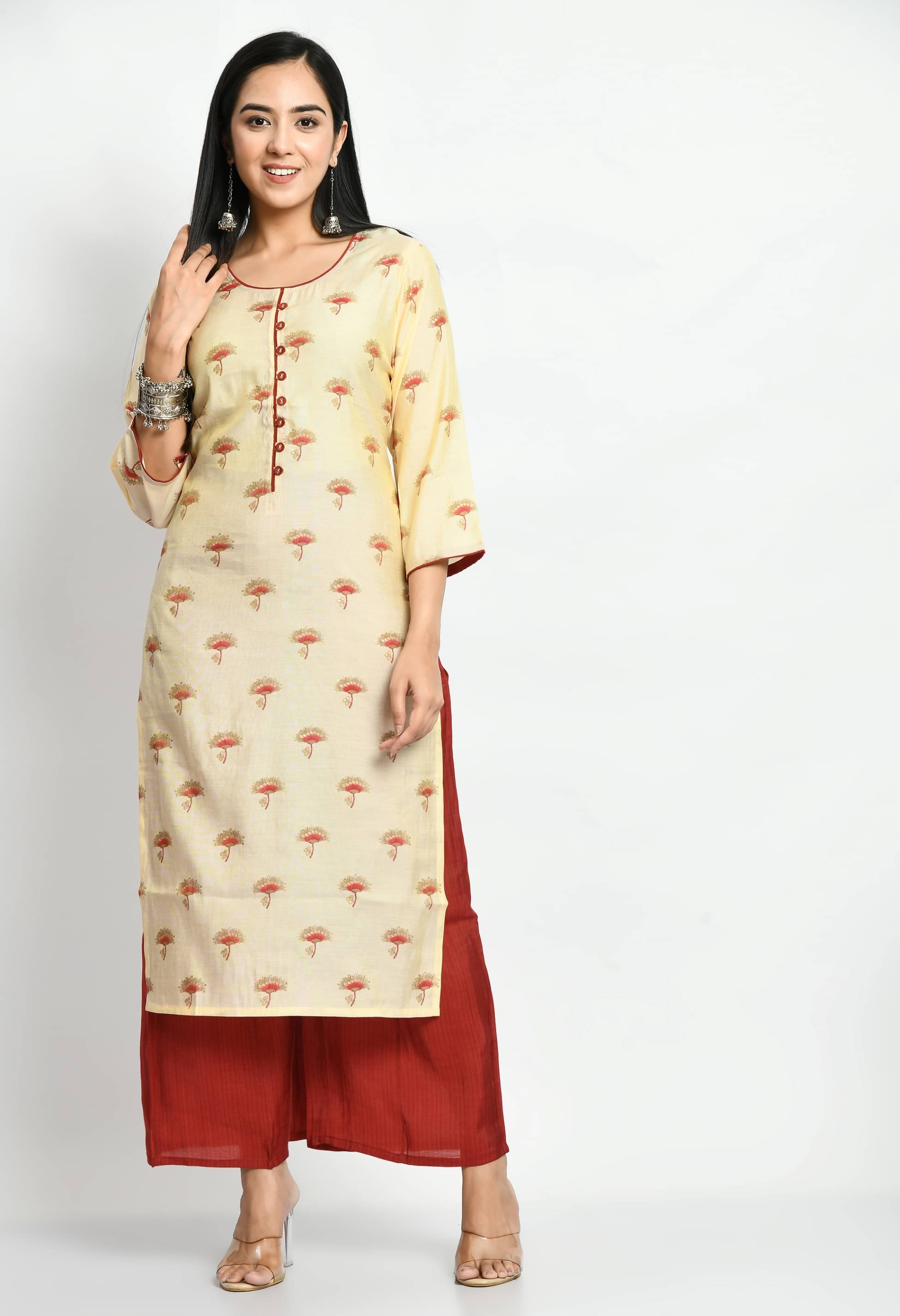     			MAURYA Silk Printed Kurti With Palazzo Women's Stitched Salwar Suit - Cream ( Pack of 1 )