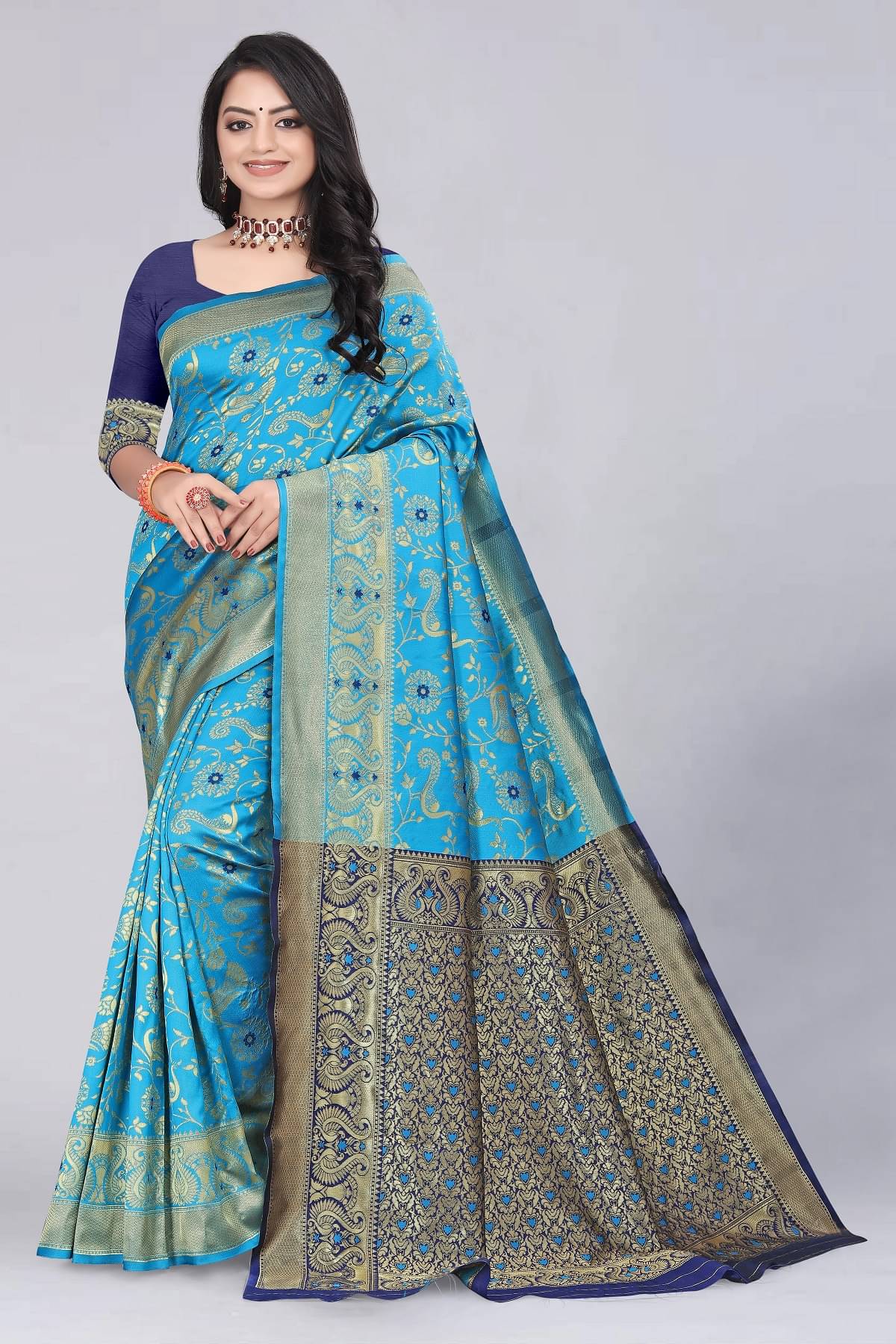     			MUKHITA Silk Blend Woven Saree With Unstitched Blouse Piece ( Turquoise )