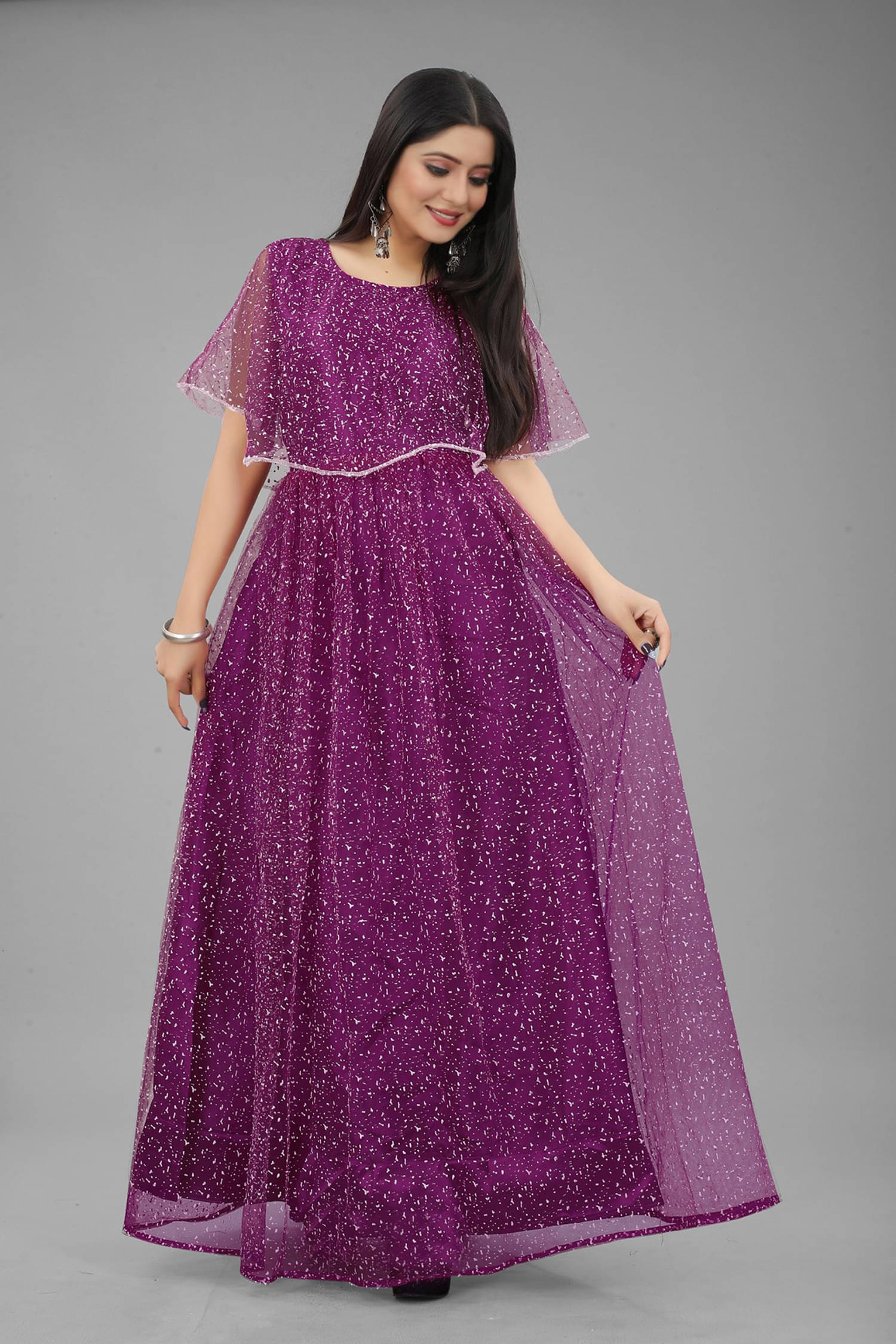 Apnisha Women Net Printed Gown ( Wine ) Apnisha Women Net Printed Gown ( Wine )
