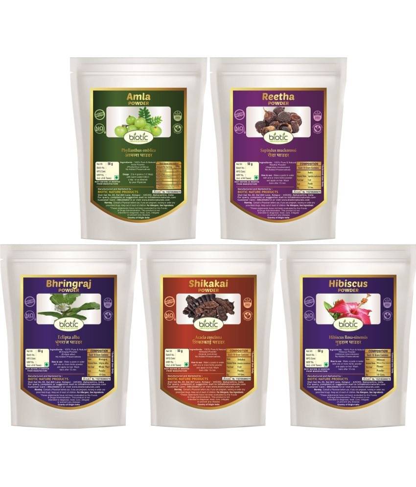 Biotic Amla, Reetha, Bhring raj, Shikakai and Hibiscus Powder (50g Each) 250 gm Biotic Amla, Reetha, Bhring raj, Shikakai and Hibiscus Powder (50g Each) 250 gm