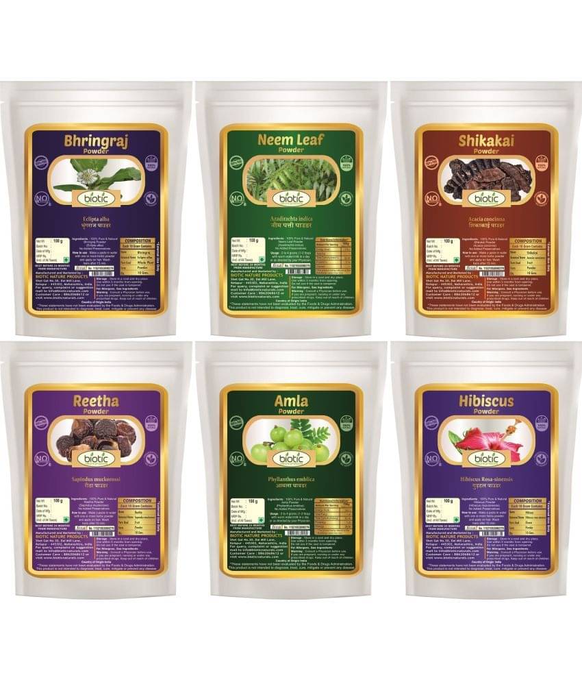 Biotic Shikakai, Amla, Reetha, Bring raj, Hibiscus and Neem Powder(100g each) 600 gm     			Biotic Shikakai, Amla, Reetha, Bring raj, Hibiscus and Neem Powder(100g each) 600 gm
