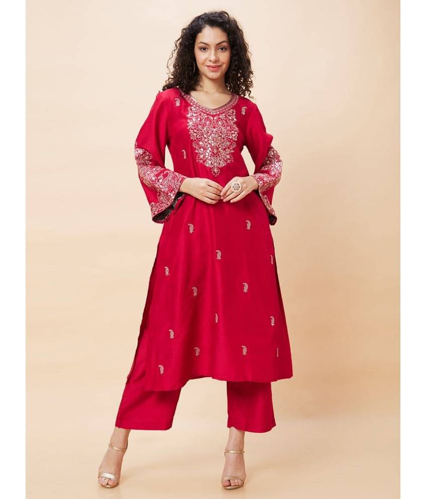     			Globus - Red Straight Polyester Women's Stitched Salwar Suit ( Pack of 2 )
