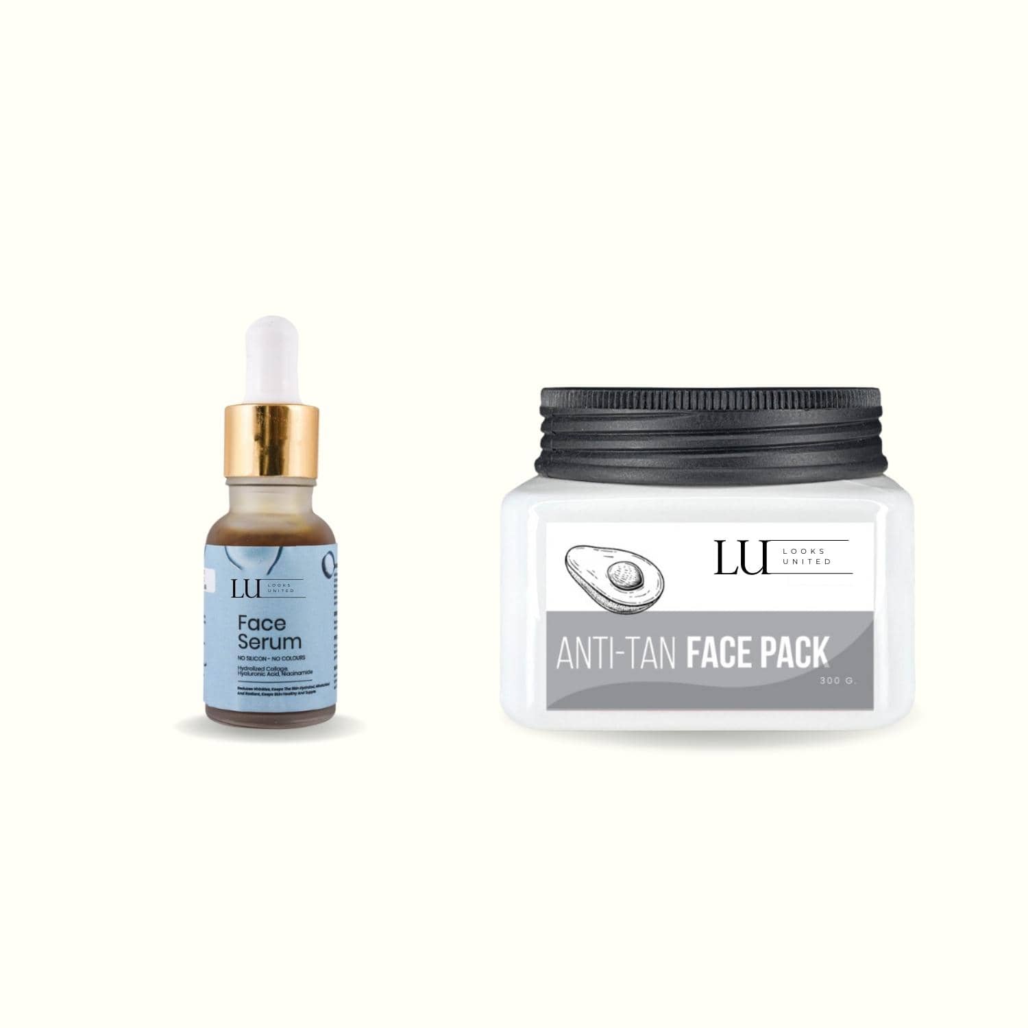 Looks United Hyaluronic Acid Face Serum (15ml) Anti-Tan face pack With Multani Mitti (300g)