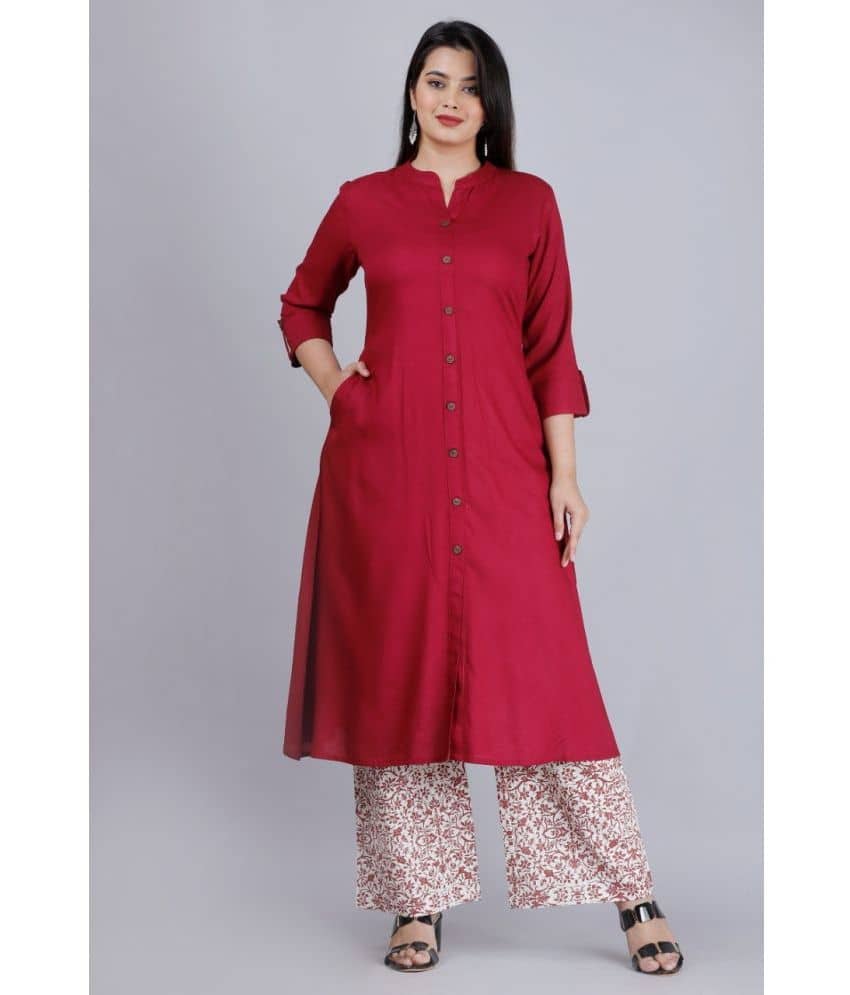 MAUKA - Maroon Front Slit Rayon Women's Stitched Salwar Suit ( Pack of 1 )