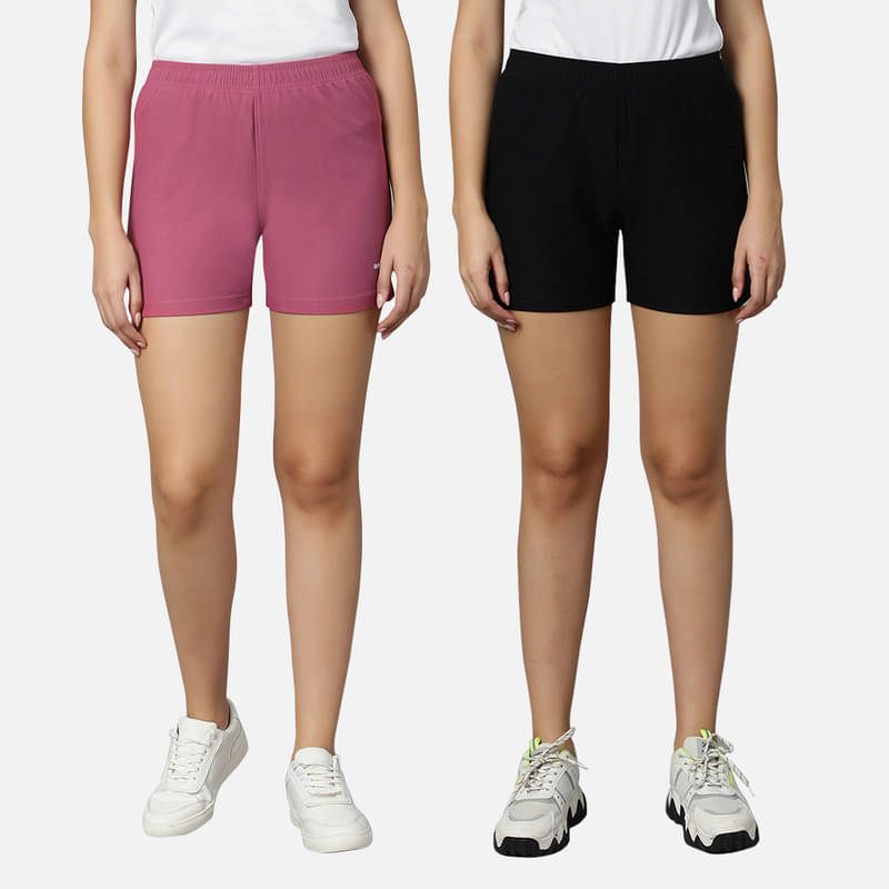     			Omtex Multi Polyester Solid Shorts - Pack of 2