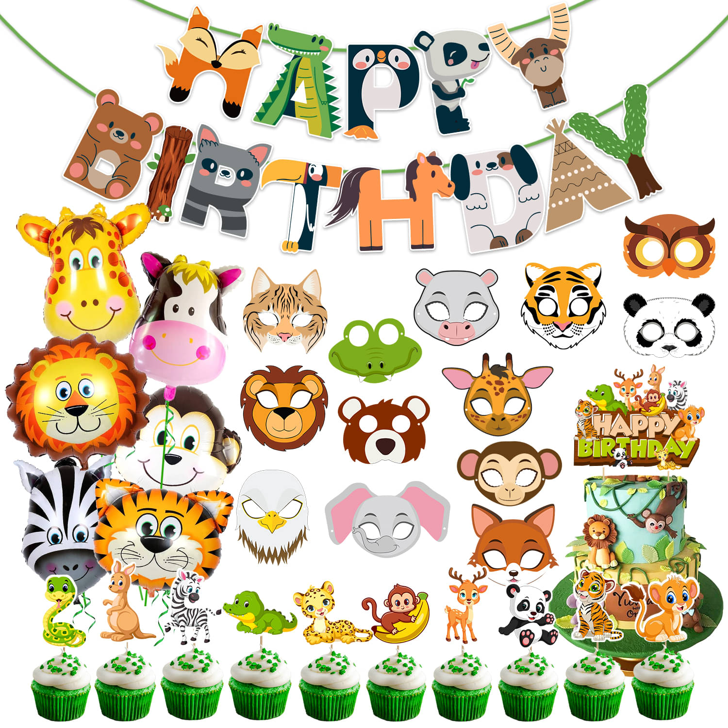     			Zyozi Jungle Safari Happy Birthday Decoration Kids - Birthday Decoration Banner with Foil Balloons, Cake Topper & Cupcake Topper, Sticker (Pack of 31)