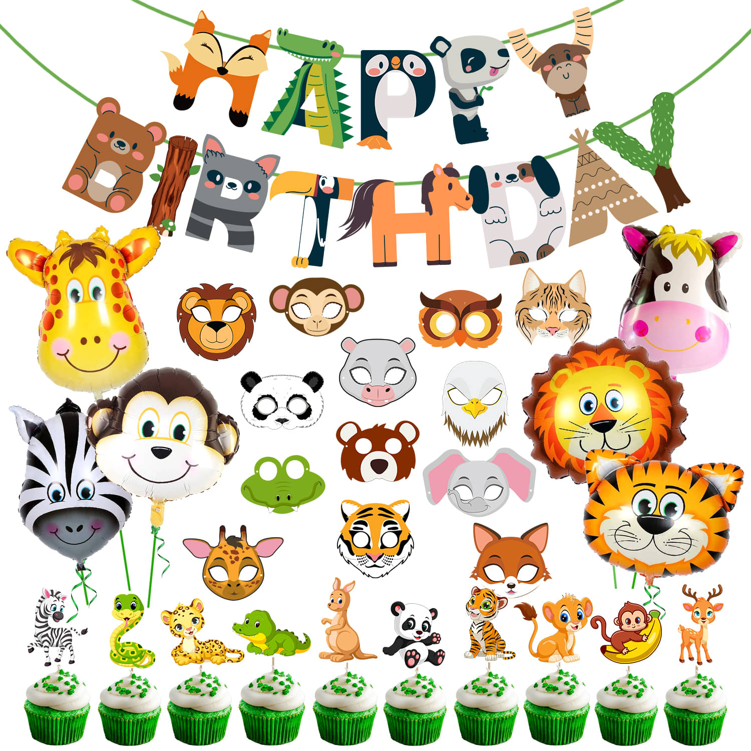     			Zyozi Jungle Safari Happy Birthday Decorations - Birthday Party Decoration Banner with Foil Balloons , Cupcake Topper & Sticker (Pack of 30)