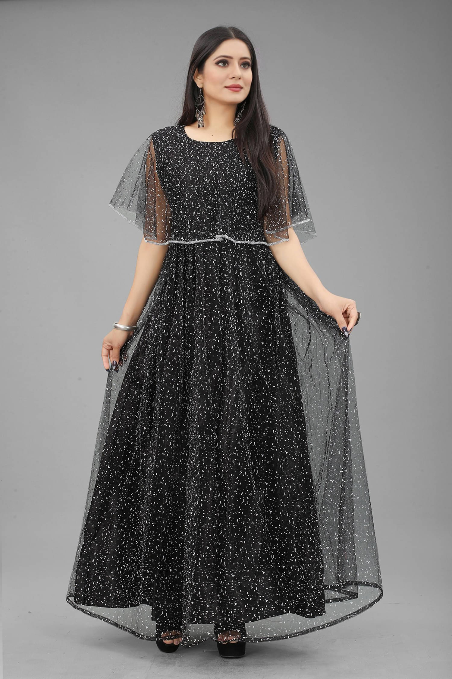 Apnisha - Black Flared Net Women's Stitched Ethnic Gown ( Pack of 1 ) Apnisha - Black Flared Net Women's Stitched Ethnic Gown ( Pack of 1 )