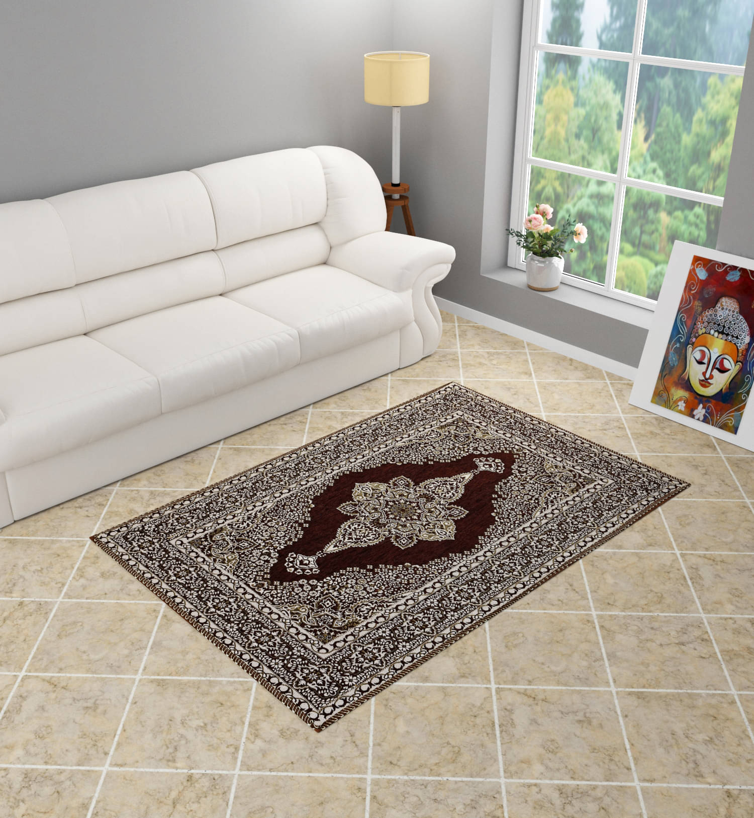    			FURNISING HUT Brown Velvet Carpet Geometrical 3x5 Ft