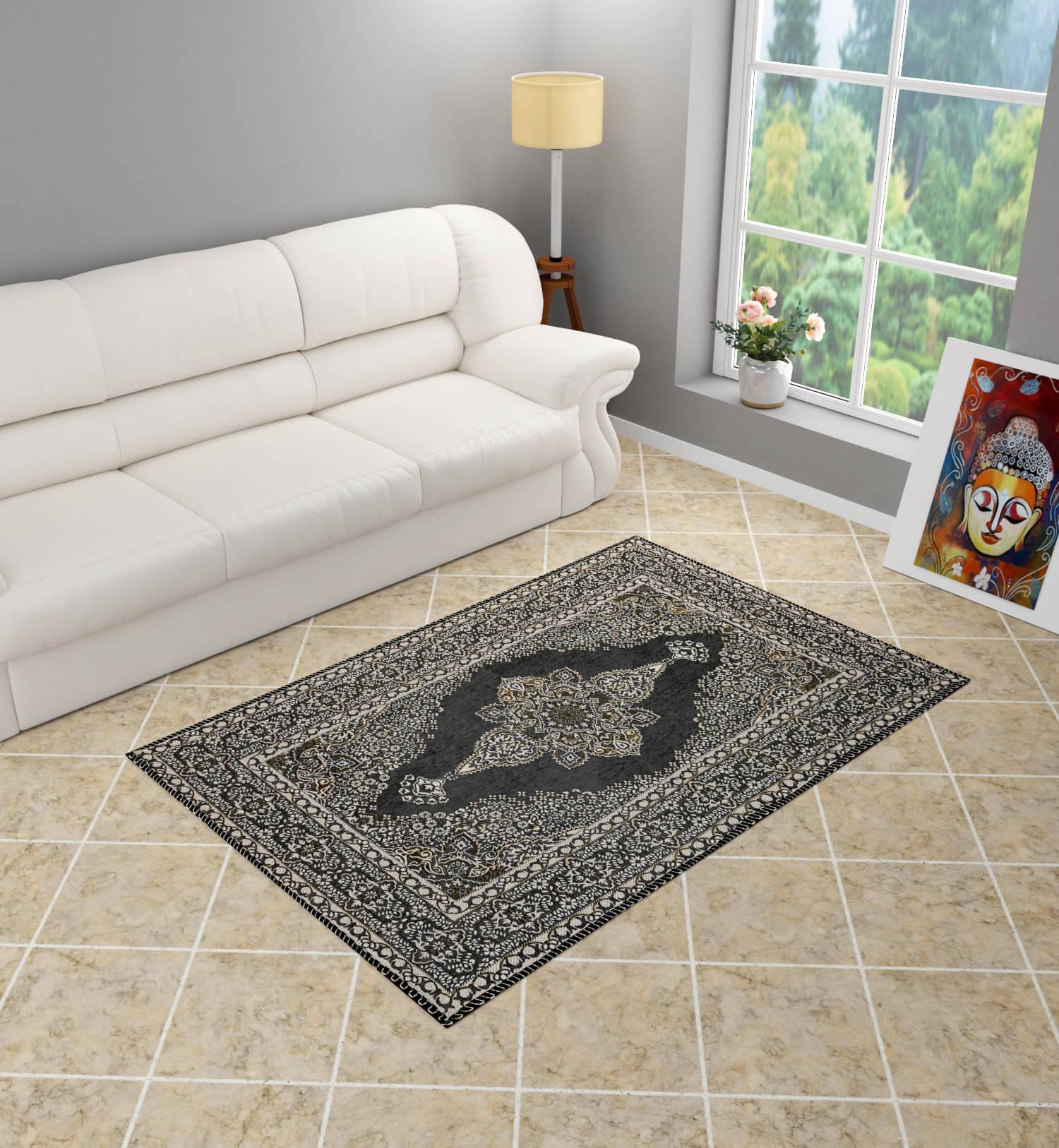     			FURNISING HUT Gray Velvet Carpet Geometrical 3x5 Ft