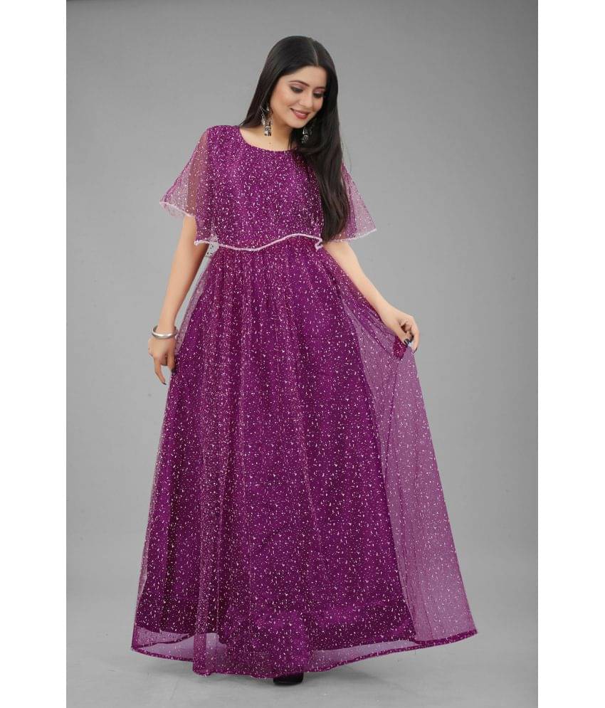 JULEE - Purple Flared Net Women's Stitched Ethnic Gown ( Pack of 1 ) JULEE - Purple Flared Net Women's Stitched Ethnic Gown ( Pack of 1 )