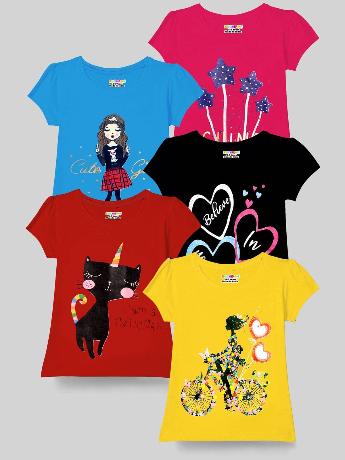 Kuchipoo - Multi Cotton Blend Girls T-Shirt ( Pack of 5 ) Kuchipoo - Multi Cotton Blend Girls T-Shirt ( Pack of 5 )