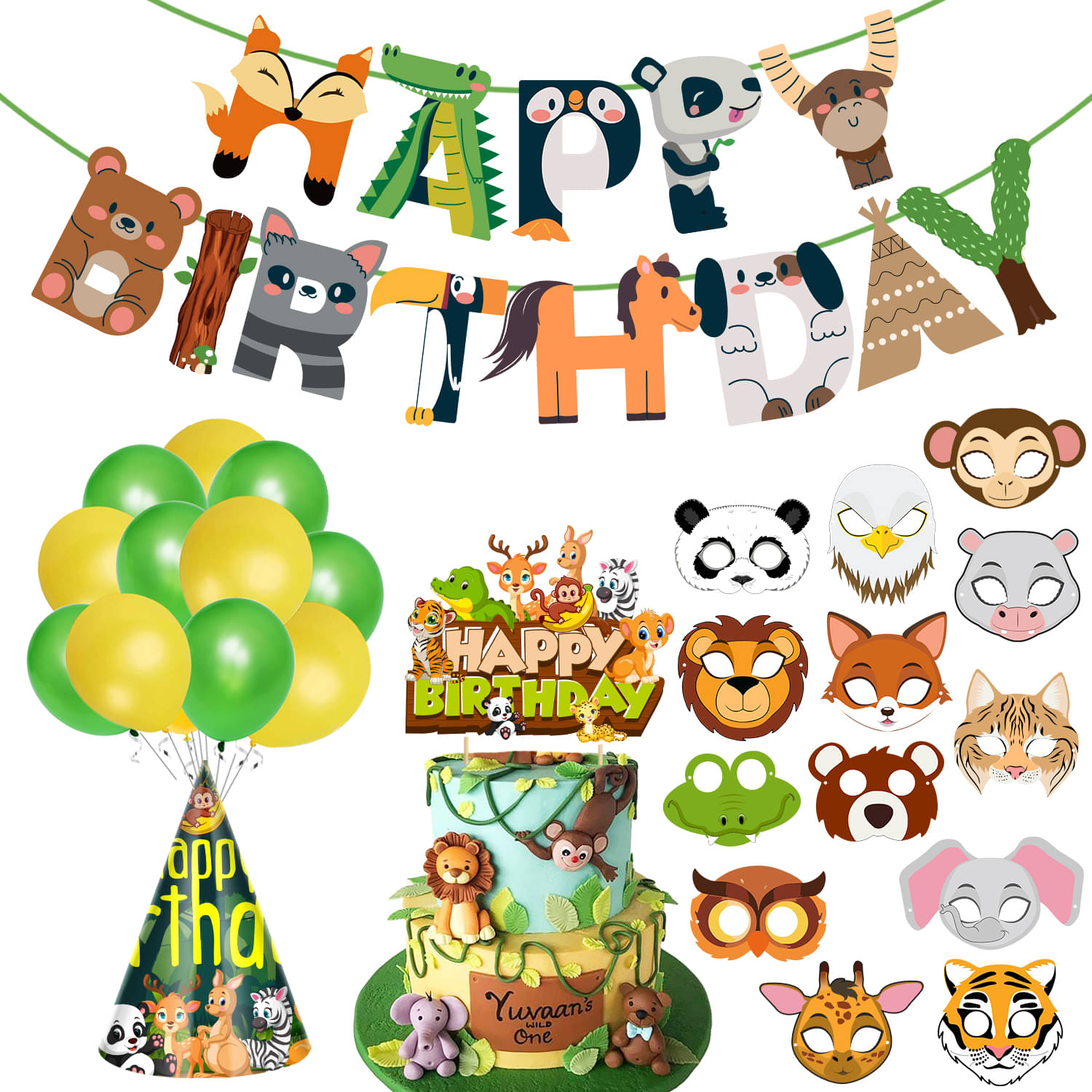     			Zyozi Jungle Safari Happy Birthday Decoration Kids - Birthday Banner with Latex Balloons, Cake Topper, Birthday Cap And Sticker (Pack of 41)