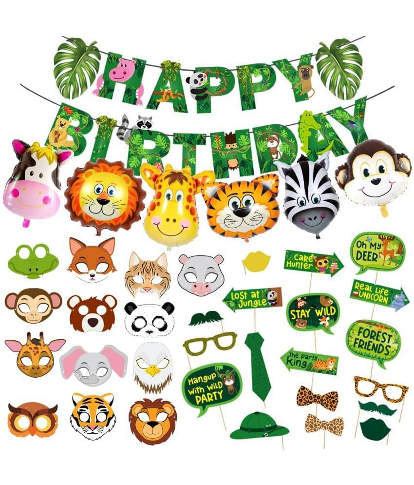    			Zyozi Jungle Theme Birthday Decoration Kit - Birthday Banner with Photo Booth Props, Foil Balloons And Sticker (Pack of 38)