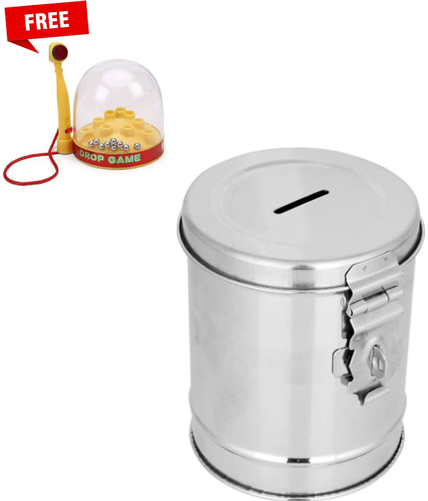 100% Stainless Steel Round Shape Piggy Bank Gullak Cum Coin Box | Money Bank Container for Kids (Ball Drop Game Free)