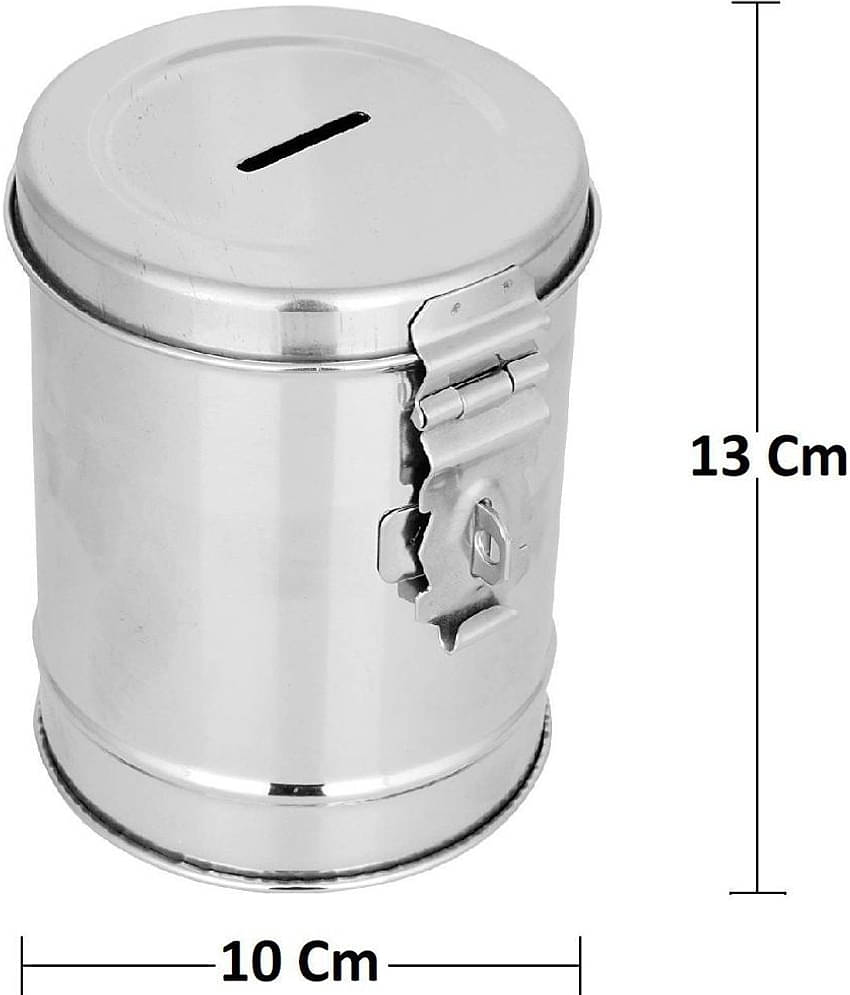 100% Stainless Steel Round Shape Piggy Bank Gullak Cum Coin Box | Money Bank Container for Kids (Ball Drop Game Free)